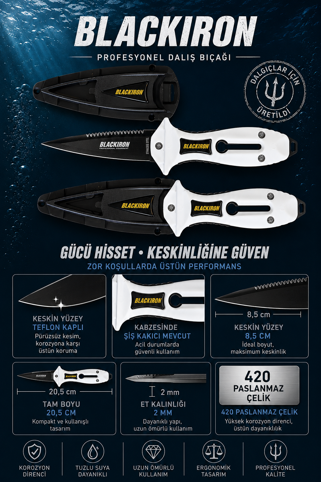 Mertsub Black Iron Pro Teflon Dalış Bıçağı-Beyaz