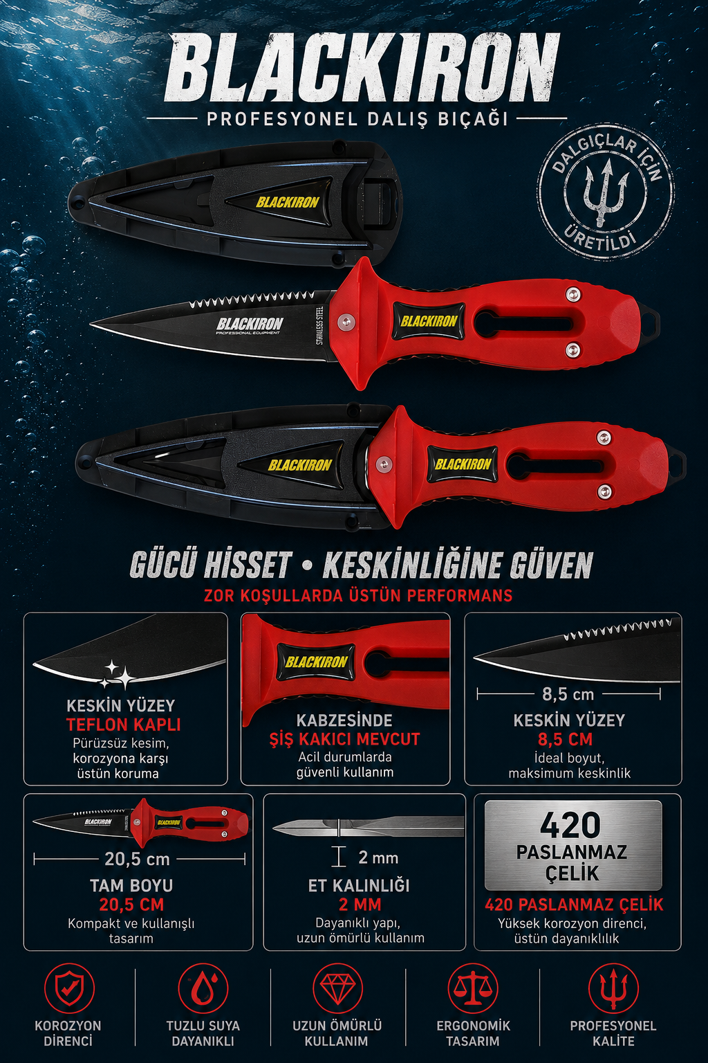 Mertsub Black Iron Pro Teflon Dalış Bıçağı-Kırmızı