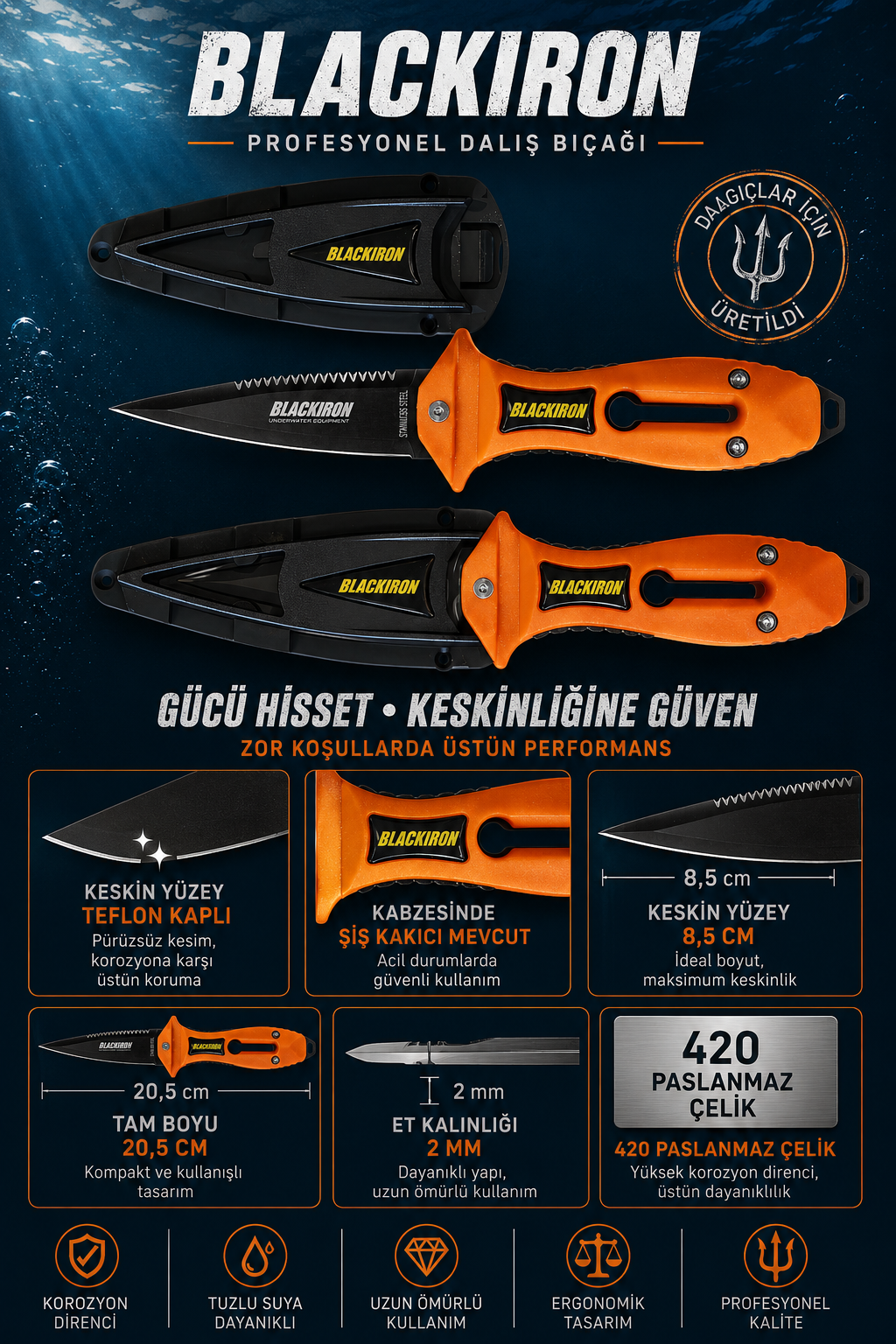 Mertsub Black Iron Pro Teflon Dalış Bıçağı-Turuncu