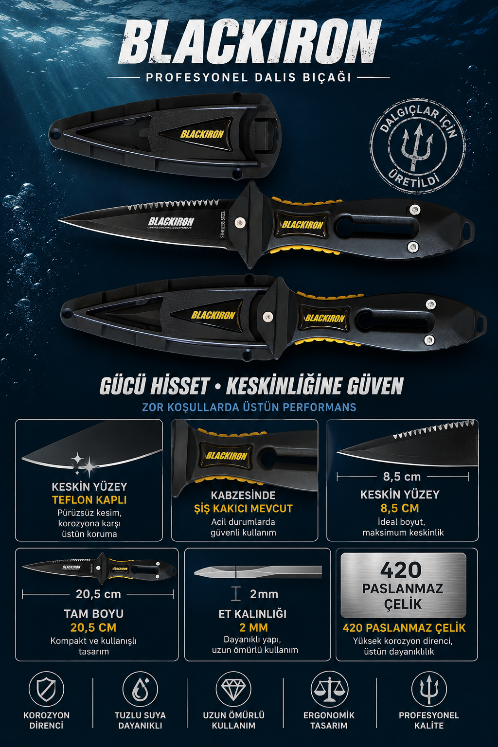 Mertsub Black Iron Pro Teflon Dalış Bıçağı-Siyah