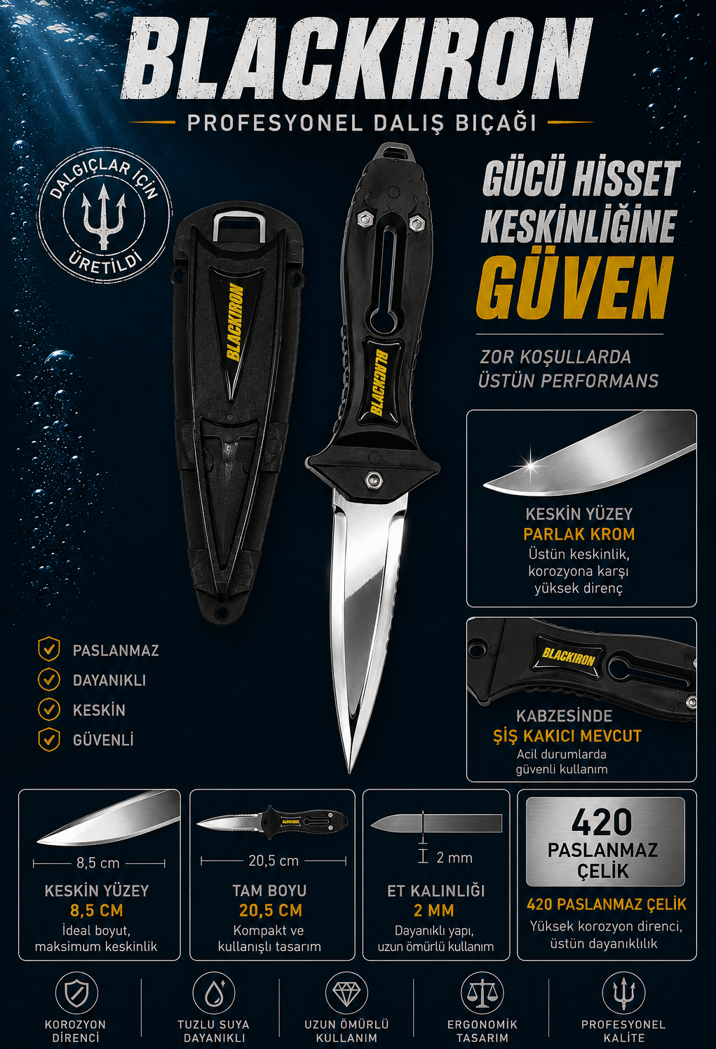 Mertsub Black Iron Pro Dalış Bıçağı-Siyah